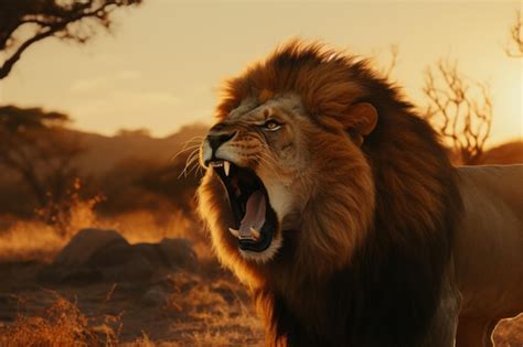 Premium AI Image | a lion roaring in the wild at sunset