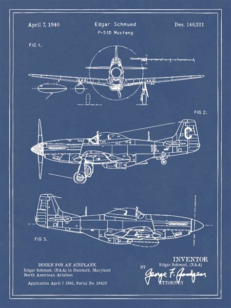 Airplane Blueprint P-51 Mustang Blueprint Airplane Drawing Boys Room ...