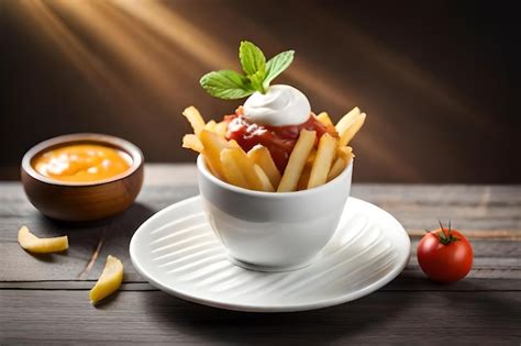 Premium Photo A Plate Of French Fries With A Tomato Sauce And A Side