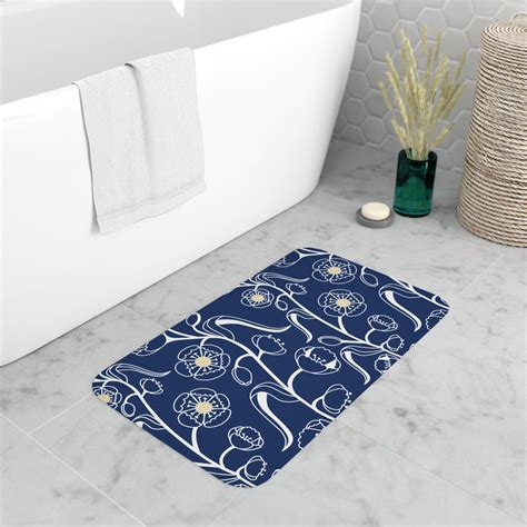 Navy Blue White And Beige Wildflower Memory Foam Bathmat Modern Bath