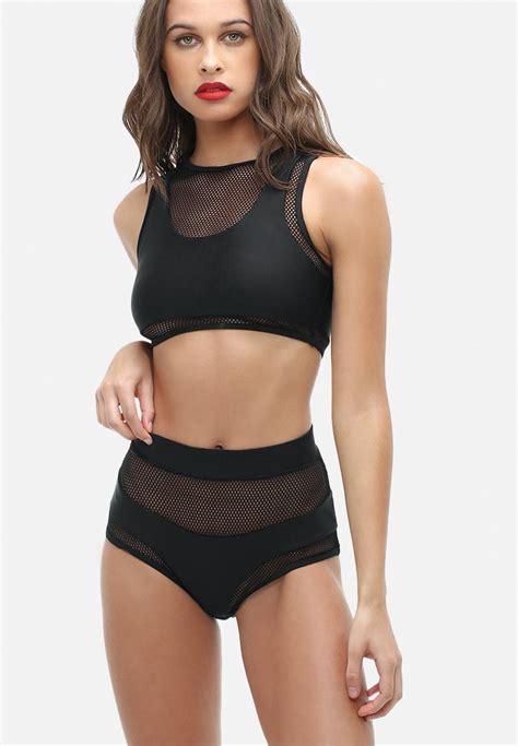 Mesh Detail High Waisted Bikini Set Black Missguided Swimwear