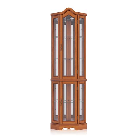 Belleze Tall Shelf Lighted Corner Curio Cabinet With Tempered Glass Doors And Shelves Oak