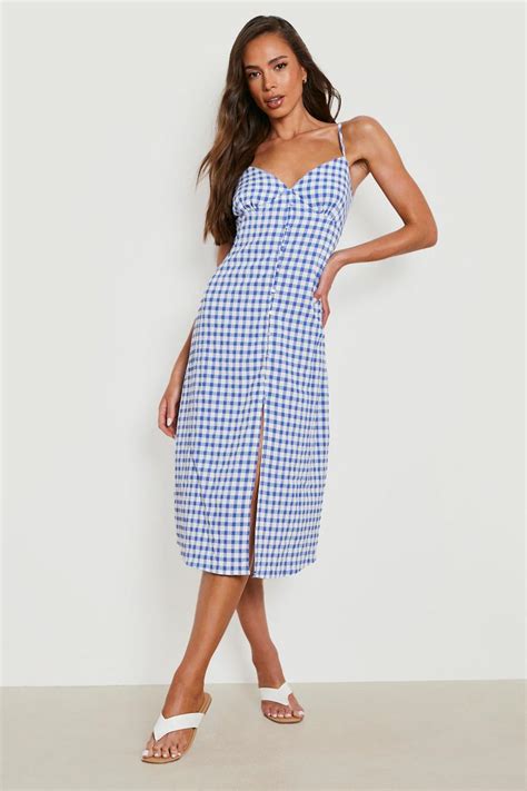 Gingham Strappy Tie Back Midi Skater Dress Boohoo Usa