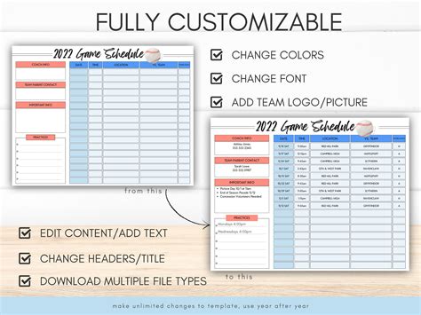 Editable Baseball Game Schedule Template Instant Download to Organize ...