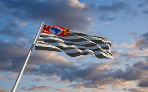 Bandeira Do Estado De São Paulo Balançando Ao Vento O Céu E O Sol De Fundo Renderização 3d