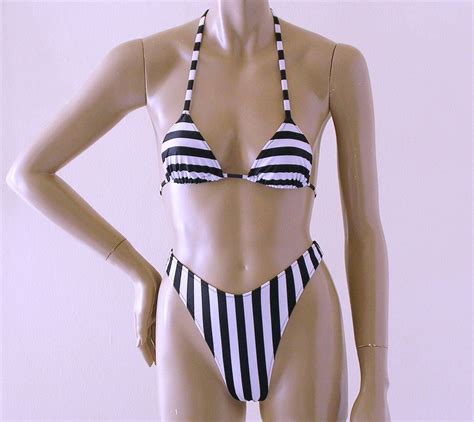 80s 90s High Leg Thong Bikini Bottom And Triangle Top In Black Etsy