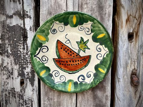 Vintage Mexican Pottery Plate Wall Hanging w/ Watermelon Design Approx 9, Talavera Folk Art