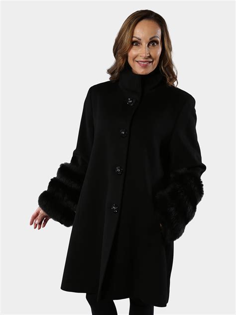 Black Lora Piana Wool Coat With Fox Trim Medium Estate Furs