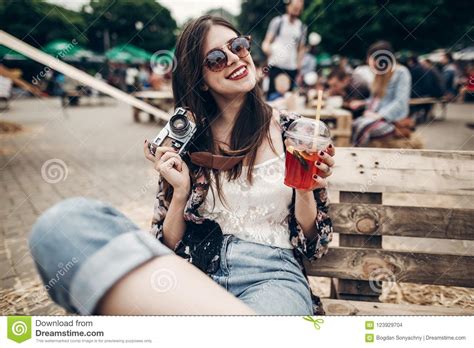 Stylish Hipster Woman In Sunglasses With Red Lips Holding Lemonade And