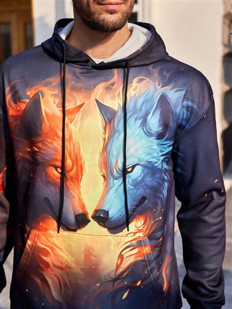 Manfinity Legnd Loose Fit Men S Wolf Print Drop Shoulder Hooded