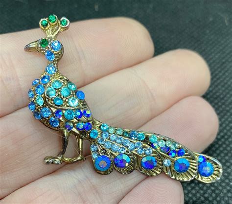 Vintage Peacock Pin With Rhinestones Etsy