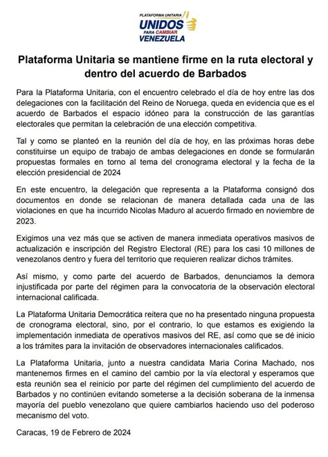 Oposición Presentó Documento De 33 Páginas De Violaciones Del Gobierno Al Acuerdo De Barbados