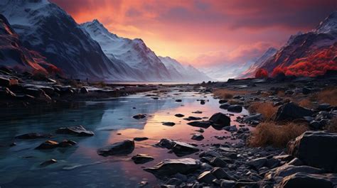 Premium AI Image Mountains And A River With Rocks And Grass In The