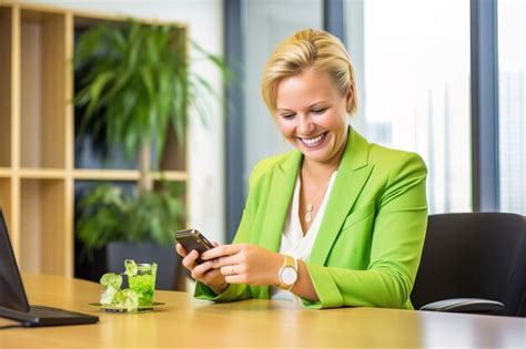 Femme blonde caucasienne souriante tout en utilisant son téléphone portable dans son bureau tout