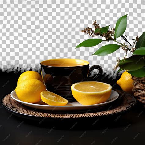 чай в желтой чашке и черной тарелке фруктовый лимон на прозрачном ...