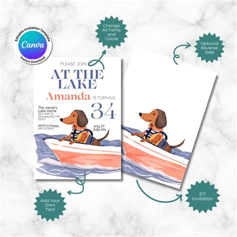 Dachshund Dog Lake Birthday Invitation Template Editable Canva Design