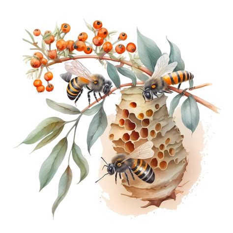 Premium AI Image | A watercolor painting of bees on a beehive with a ...