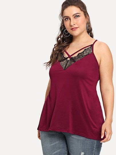 Plus Contrast Eyelash Lace Criss Cross Cami Sheinsheinside Plus Size Tank Tops Tank Top Cami