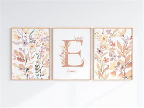 Boho Flower Girl Nursery Wall Art Set Of Personalized Initial Name