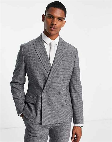 Asos Design Slim Double Breasted Suit Jacket In Black With Silver Texture Asos