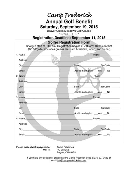 Fillable Online Golfer Registration Form Camp Frederick Fax Email