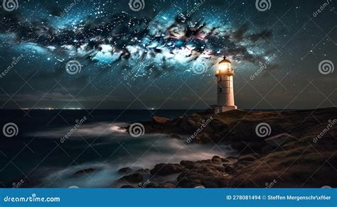 Milky Way Over Lighthouse At Blue Hour Stock Illustration