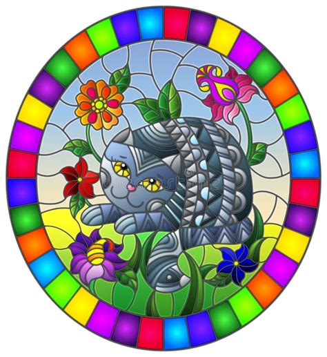 Stained Glass Illustration With A Cute Grey Cat On A Background Of Meadows Bright Flowers And