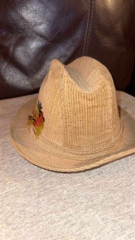 Rare Vintage Stetson Corduroy Fedora Hat Feathers Met Gem