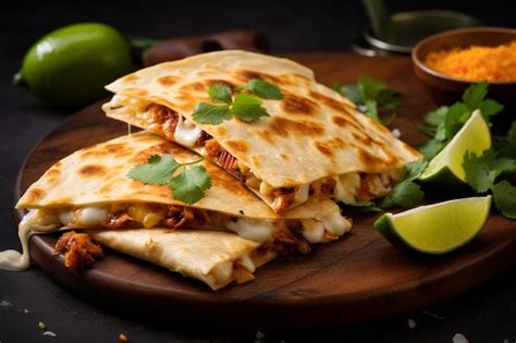 Quesadilla Tradicional Mexicana Con Crema Agria Y Ketchup Sobre Un