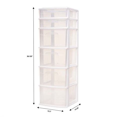 Homz Plastic 6 Drawer Medium Storage Tower White Frame Clear Drawers