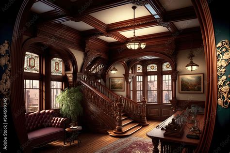 Dark gothic mansion victorian style interior with staircase and lamp ...