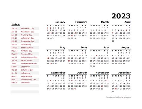 2023 Year Calendar Word Template With Holidays - Free Printable Templates