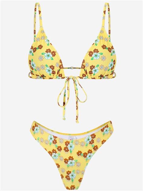 Emmiol Free Shipping 2023 Floral Print Triangle Bikini Set Yellow S In