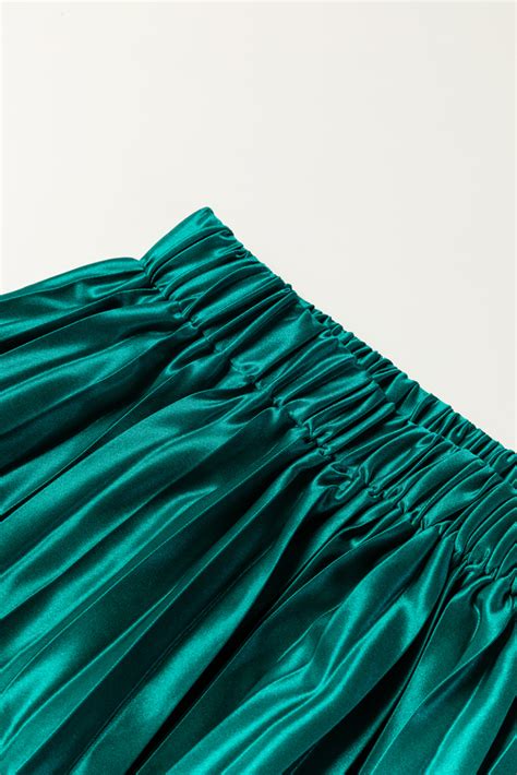 Blackish Green Satin Elastic Waist Pleated Maxi Skirt Wholesale