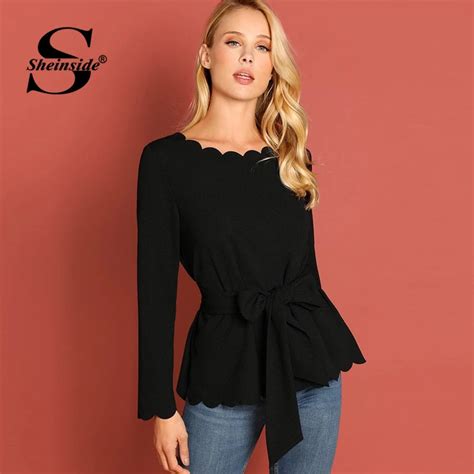 Sheinside Elegant Scallop Trim Black Blouse Belted Top Women Long