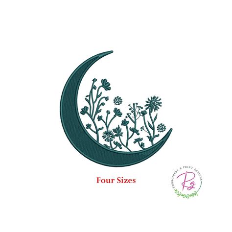 Crescent Moon With Flowers Machine Embroidery Design Floral Etsy