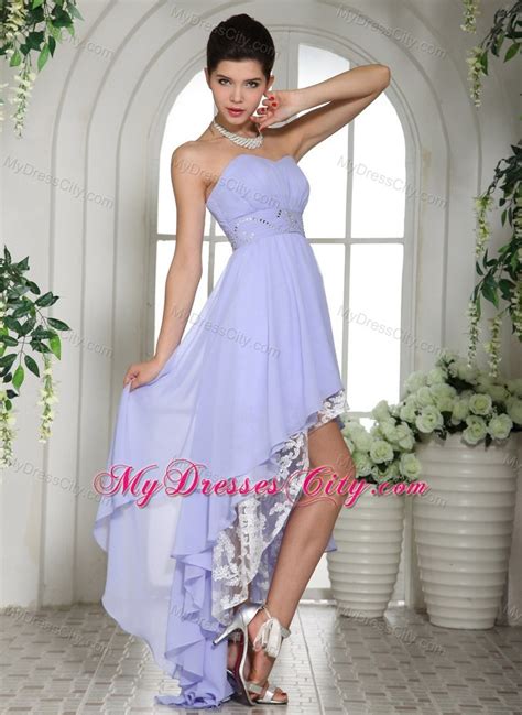 Lilac High Low Beaded Decorate Waist Chiffon And Lace Prom Dress