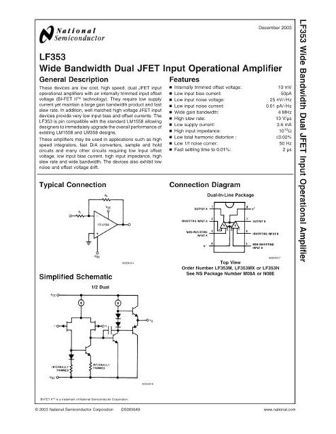 Lf Wide Bandwidth Dual Jfet Input Operational Amplifier