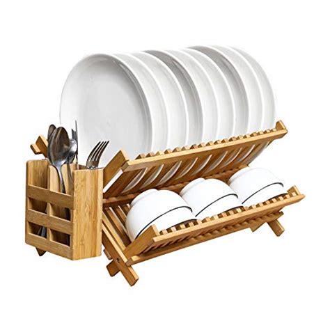 PENGKE Dish Rack Bamboo Folding 2 Tier Collapsible Drainer Dish Drying