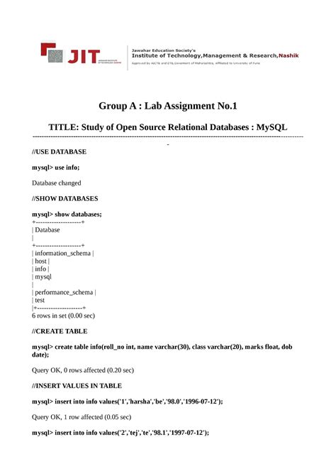 Db Pr Dbms Group A Lab Assignment No Title Study Of Open