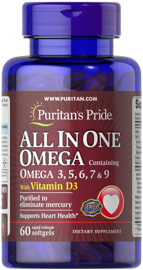 All In One Omega 3, 5, 6, 7 & 9 with Vitamin D3, 60 Softgels (50073) | Puritan's Pride