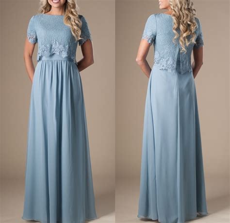 Cornflower Blue Long Modest Bridesmaid Dresses With Short Sleeves Lace