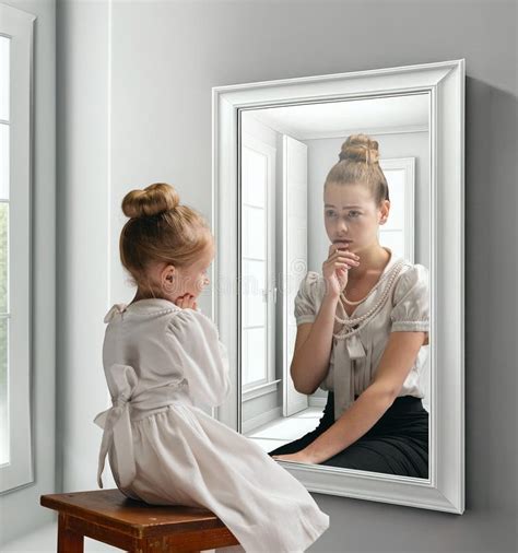 Creative Conceptual Collage Little Girl Looking In Mirror And Seeing