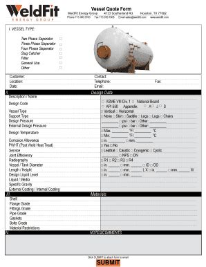 Fillable Online Vessel Quote Form Pipeline Equipment Manufacturer Fax