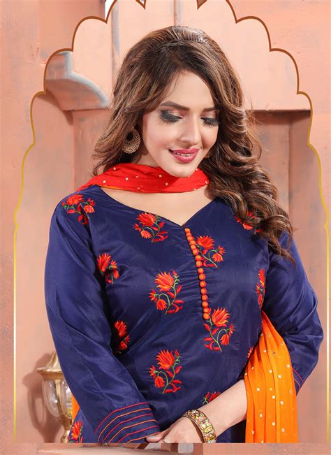 Buy Navy Blue Chanderi Silk Embroidered Straight Pant Suit Festive Wear