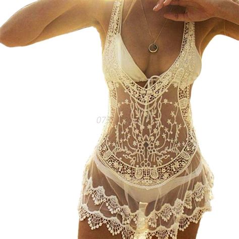 Women White Lace Sheer Crochet Swimwear Bathing Suit Beach Dress Bikini