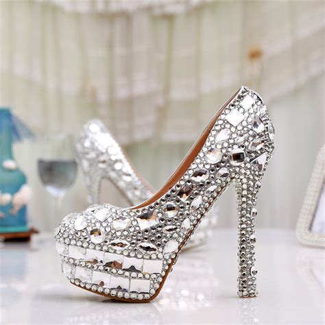 2015 New luxury handmade silver rhinestone wedding shoes round toe blingcrystal high heels dress ...