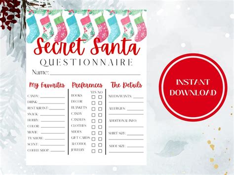 Secret Santa Questionnaire Secret Santa Printable Question Santa