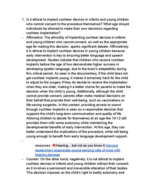Cochlear Implant Debate Questions - Is it ethical to implant cochlear