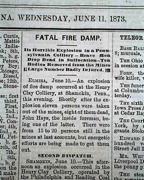 SHAMOKIN PA Pennsylvania Fire Damp Coal Mine EXPLOSION Disaster 1873 ...